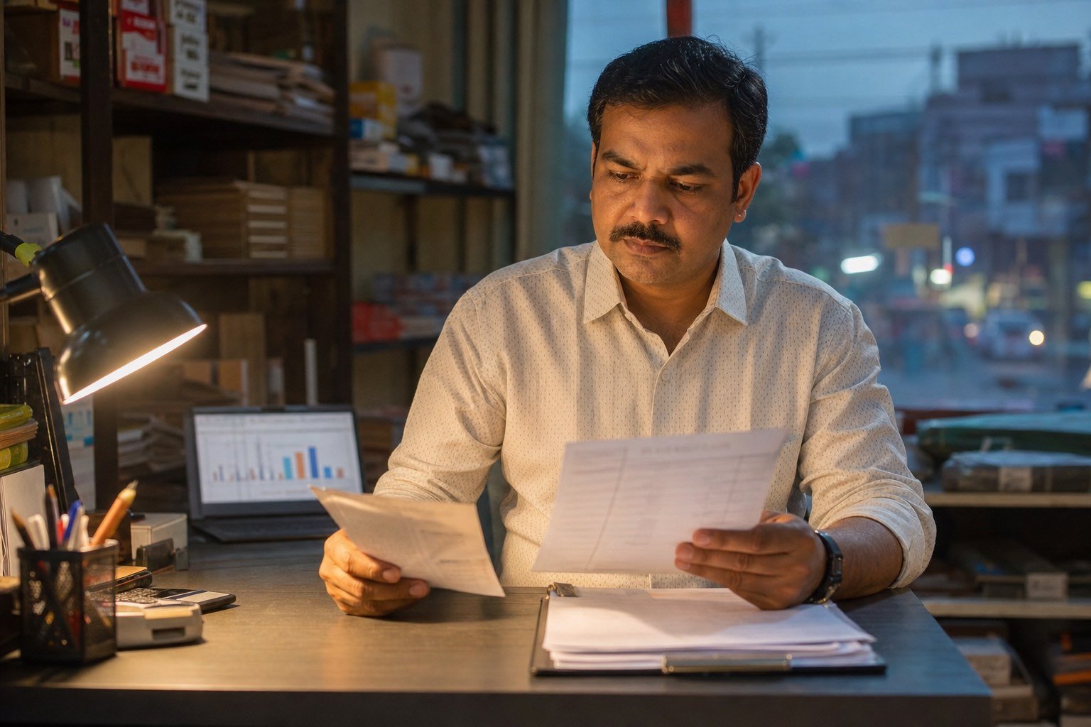 Indian SME owner reviewing invoices