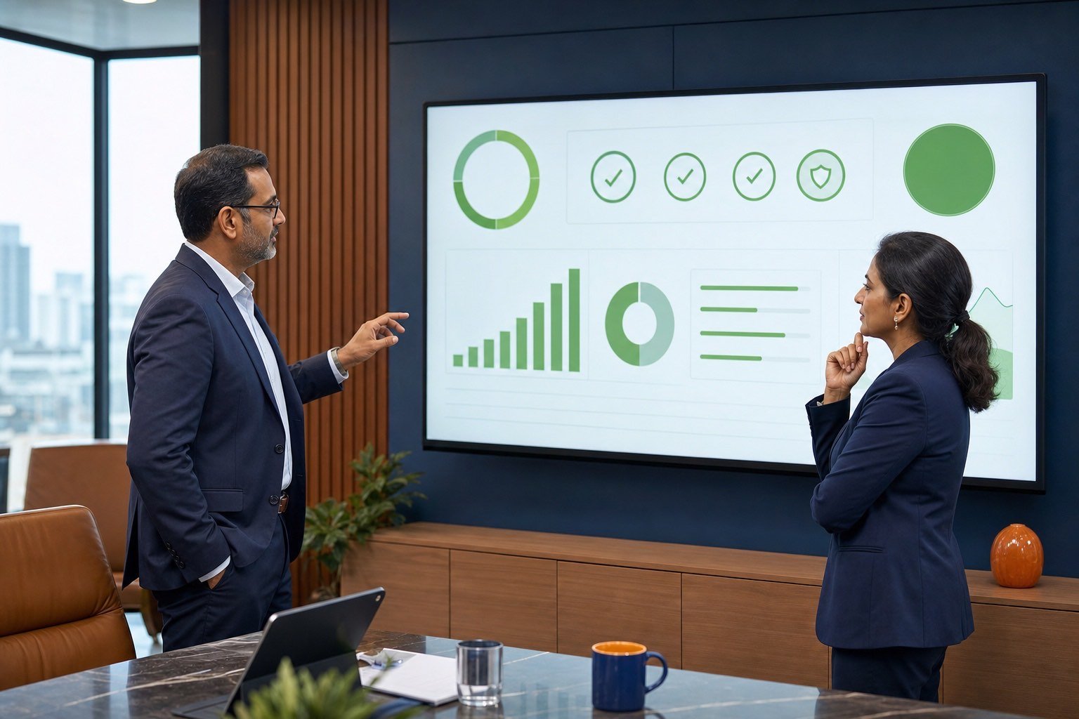 Indian directors reviewing a clean compliance dashboard before a funding round