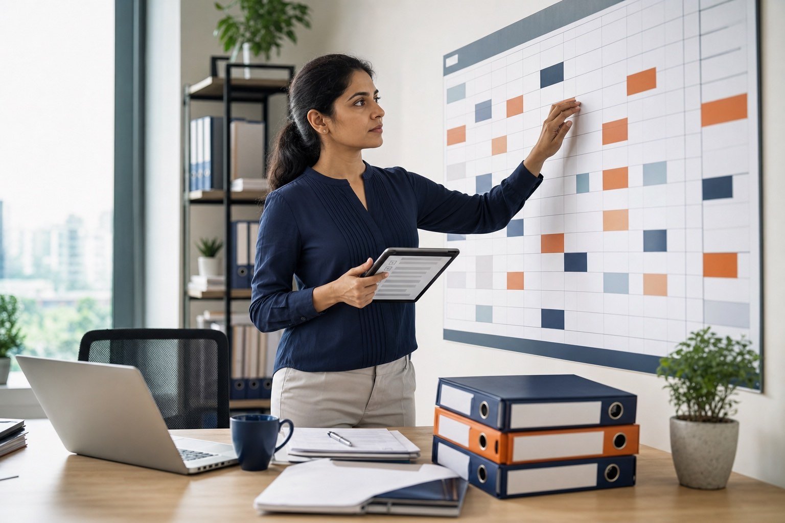 Indian compliance officer with a calendar of statutory deadlines on screen