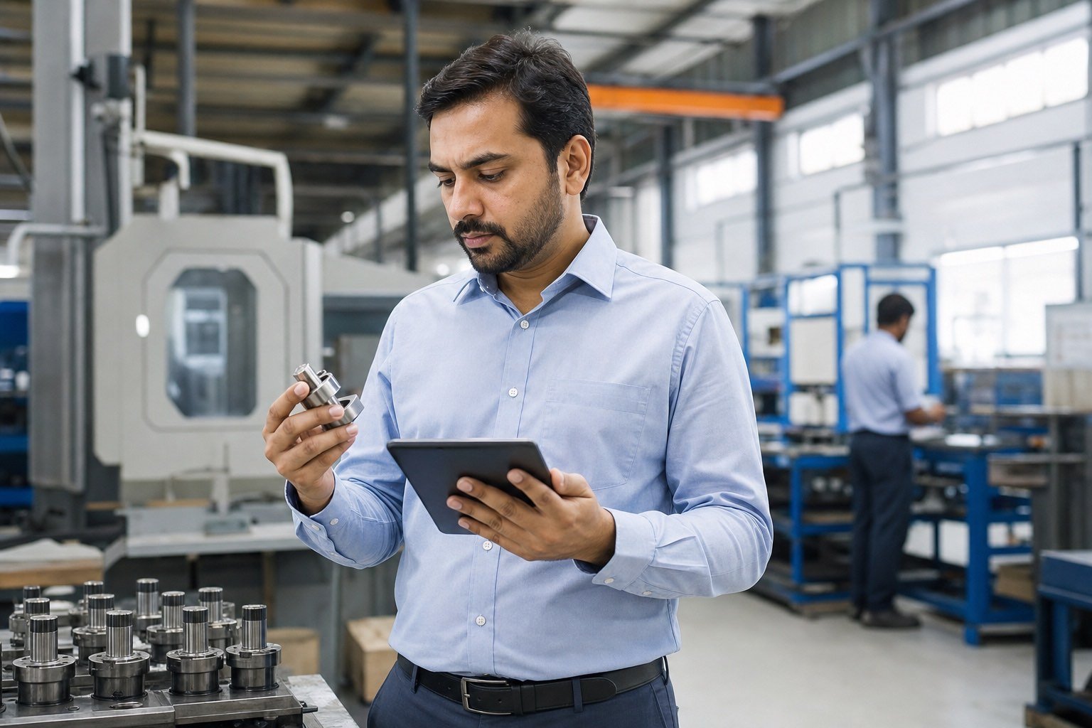 Indian manufacturing quality engineer inspecting production line with tablet