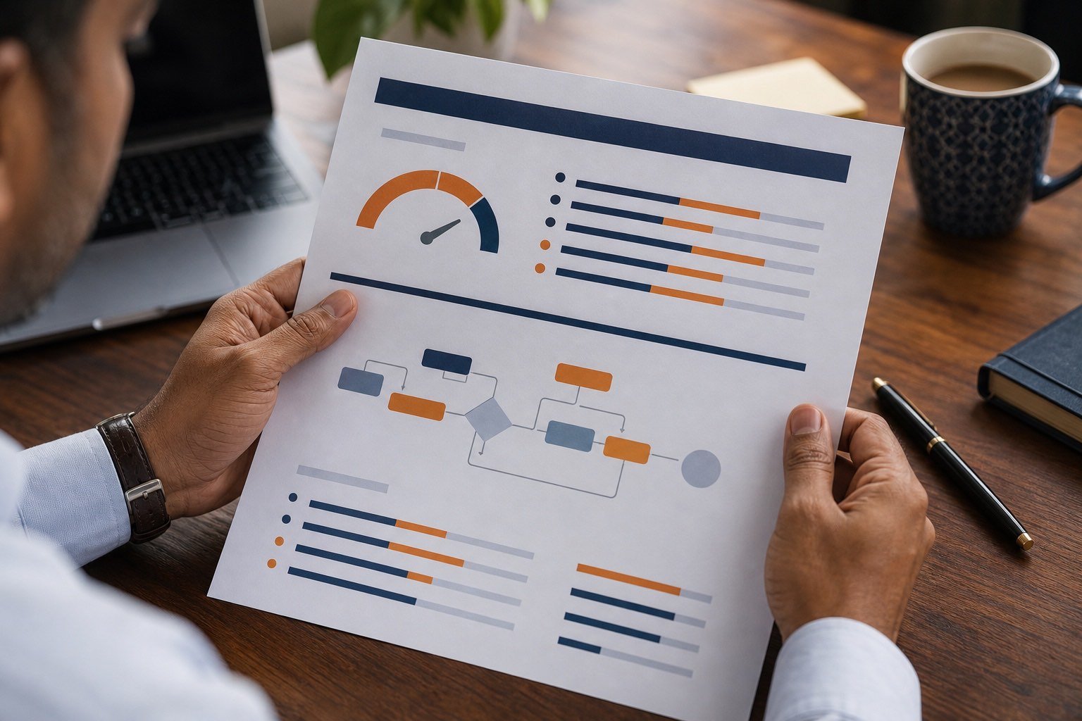 close-up of a maturity score card report with process maps and quality metrics