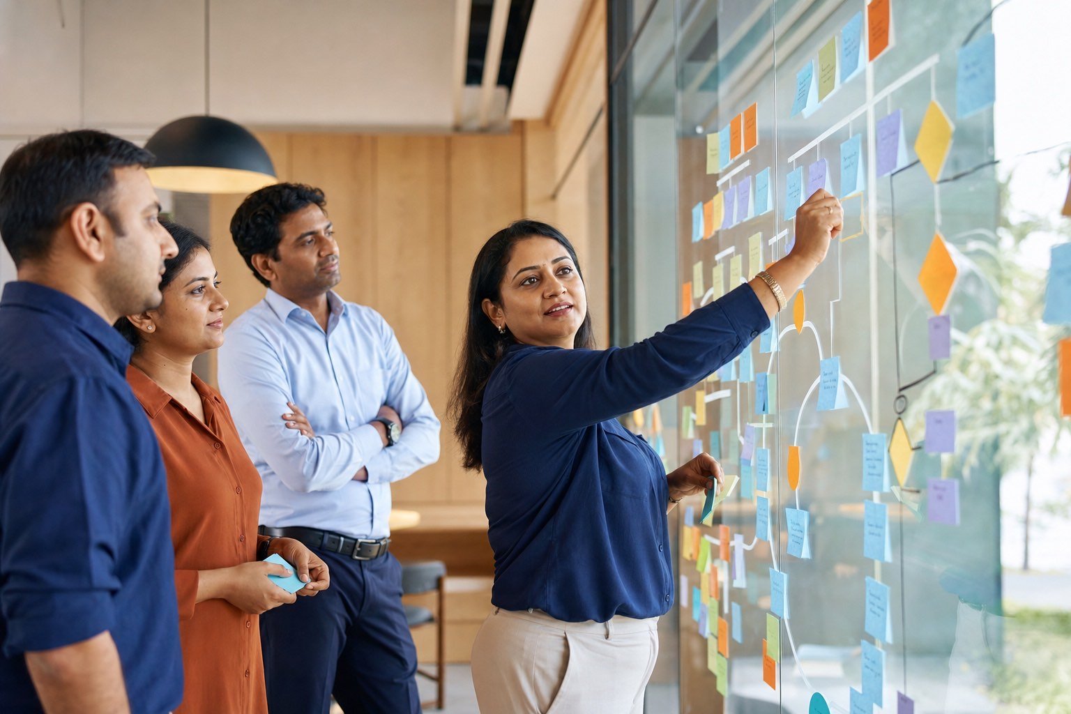 Indian operations consultant mapping business processes on a whiteboard with a team