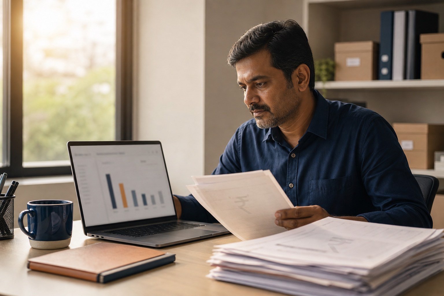 Indian business owner reviewing outstanding invoices and payment dashboard