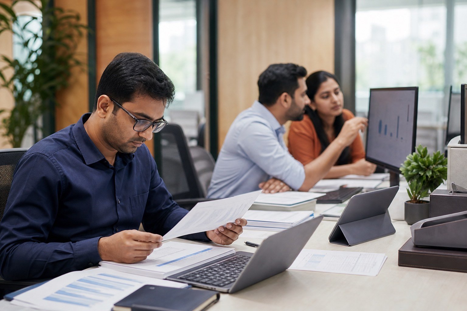 Indian accounting team at work with ledgers and dual monitors