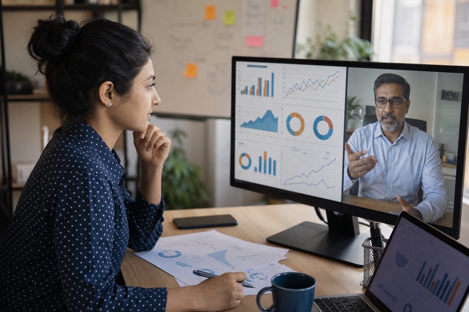 Indian founder and virtual CFO reviewing financial dashboards
