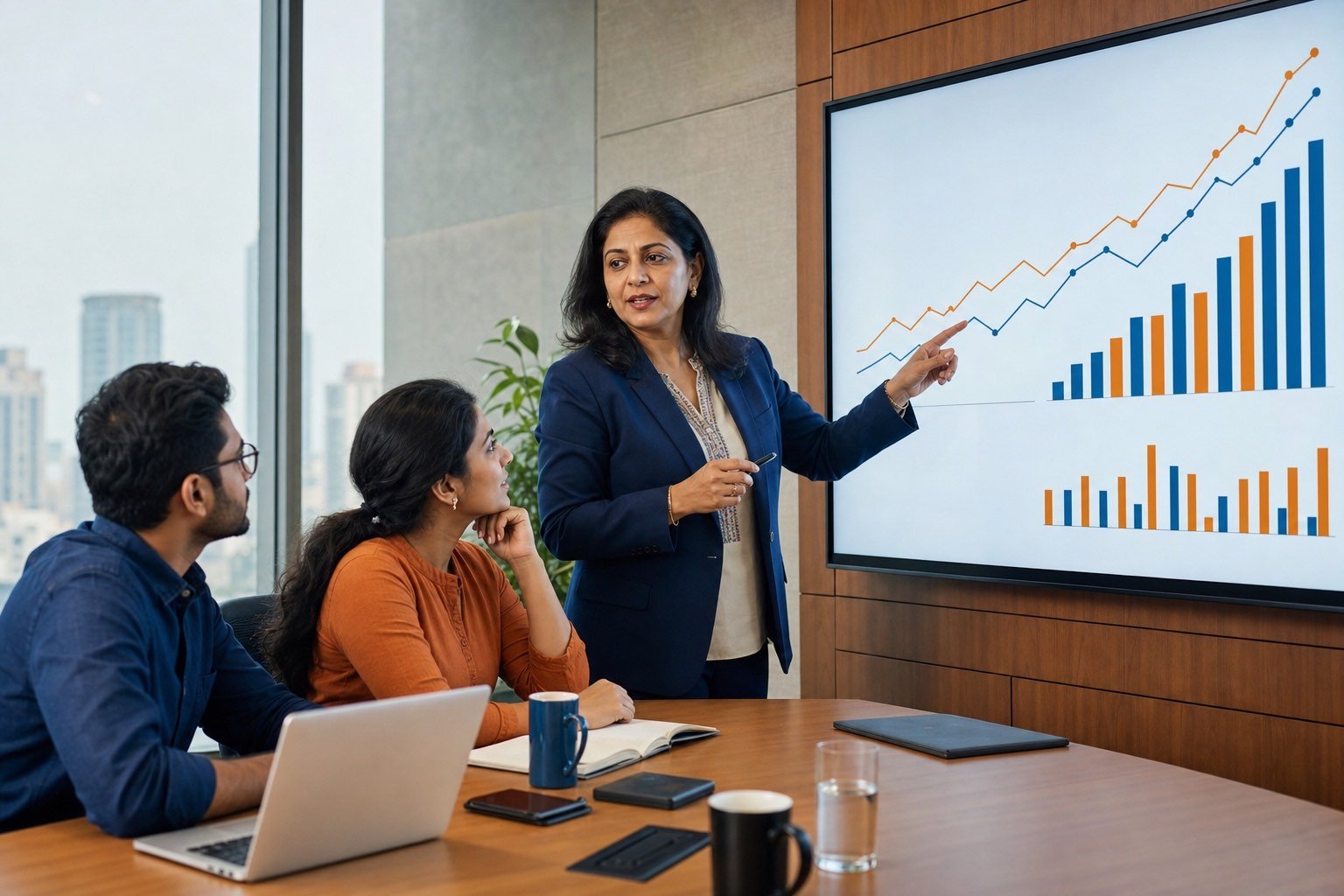 senior Indian finance executive presenting financial dashboards to founders in a boardroom