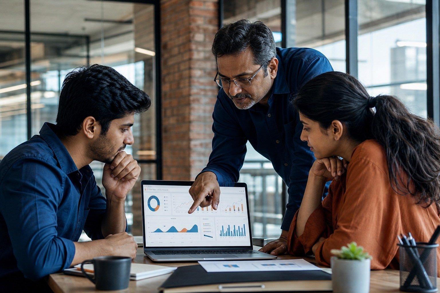 young Indian startup founders reviewing an MIS dashboard with an advisor