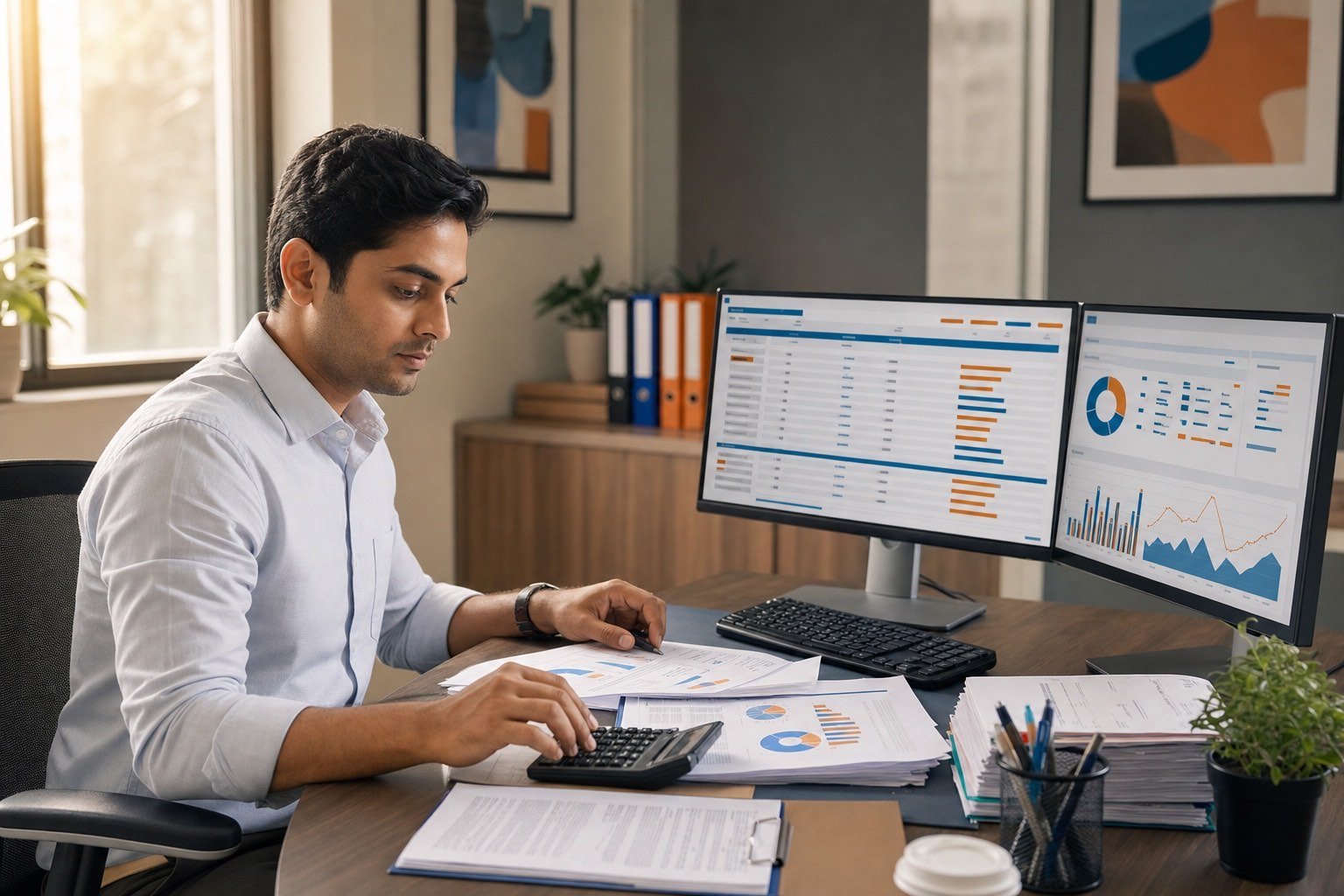 Indian accountant working on cloud accounting software with GST documents