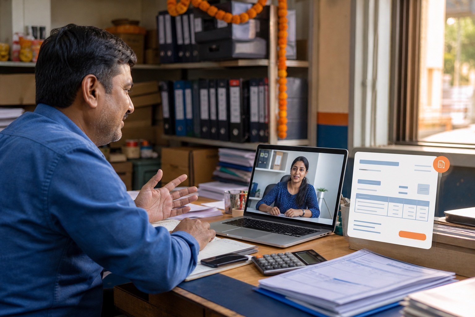 Indian business owner in a video meeting with a remote accountant reviewing e-invoices