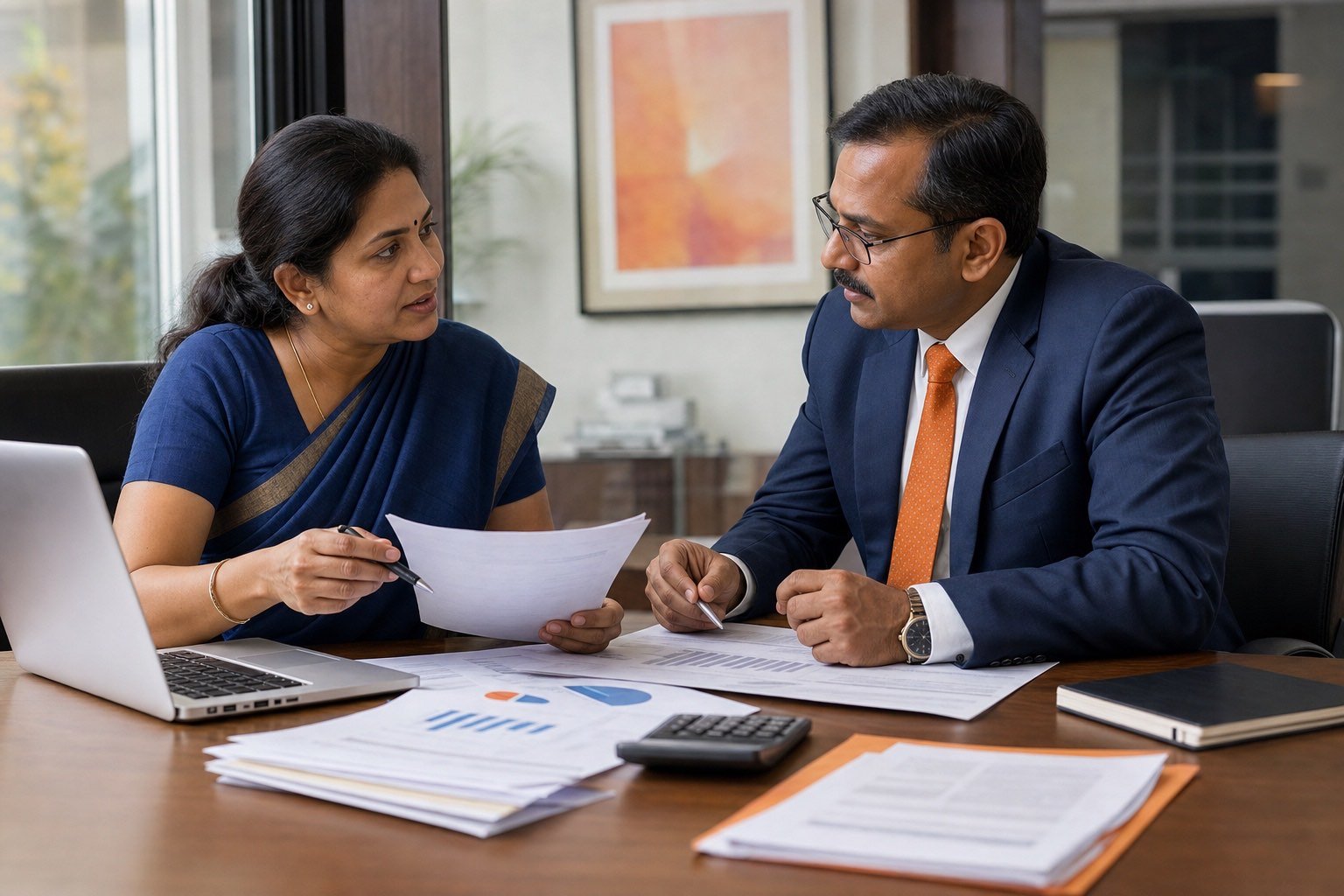 Indian finance manager discussing book-debt financing with an advisor